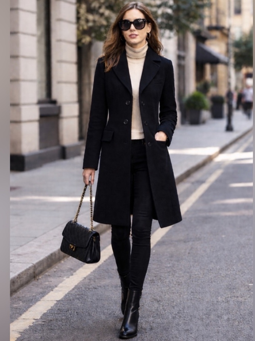 United Colors Of Benetton Women's Classic Black Wool Blend Trench Coat